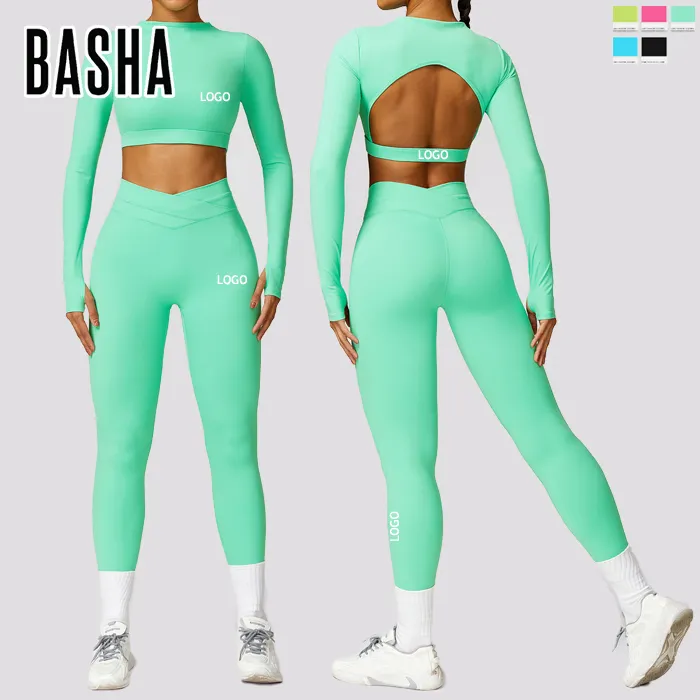 Bashasports Printemps brossé serré à manches longues dos robe de yoga séchage rapide hanche ascenseur serré pantalon de yoga croisé taille haute