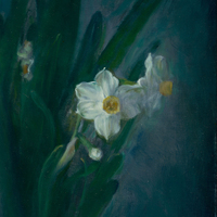 Lukisan Minyak Bunga Narcissus Impresionis Latar Belakang Biru Karya Seni Lu Hua, Dilukis Tangan, Ramah Lingkungan, Realistis, Kanvas Linen Kayu