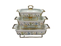 Ensemble de 3 ustensiles de cuisson en céramique : cocotte, plat à four, réchaud à alcool avec support doré