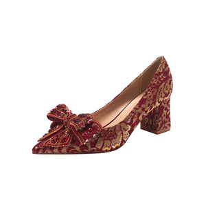 Escarpins de mariée à talon carré et bout pointu en tissu pailleté avec nœud décoratif pour robe de mariée 6555F-016 - Product Image 5
