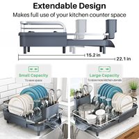 Égouttoir à vaisselle extensible pour comptoir de cuisine, avec cadre métallique résistant à la rouille, porte-ustensiles, barrière de protection surélevée et égouttoir amovible