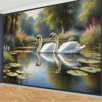 Tapisserie murale en polyester avec motif de cygnes blancs et étang aux lys, impression HD, résistante à la décoloration, légère, art mural, vente en gros