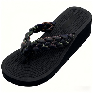 Sandales compensées noires à bout carré pour femme, avec lanières perlées et strass, semelle épaisse, écologiques, style bohème chic, printemps-été, pour l'extérieur - Product Image 2