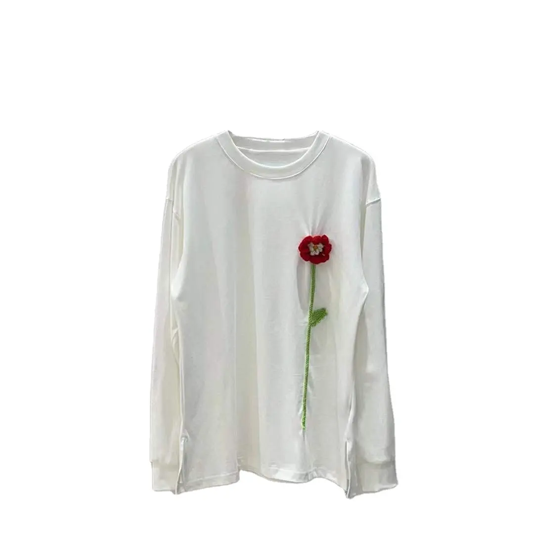 Nuova vendita t-shirt fresca e dolce da donna primaverile t-shirt tridimensionale a maniche lunghe con fiore a gancio in cotone lavorato a maglia 80%
