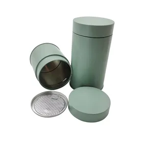 Kaleng timah logam hijau biru, kaleng kemasan teh, kopi, bubuk, kedap udara, kaleng dengan segel tekan tangan