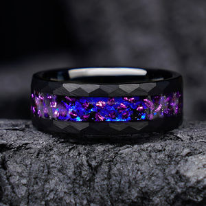 POYA Romantische 8mm Gehamerde Zwarte Tungsten Ring met Nebula Space Paarse Amethist Inlay Trouwring Paarbelofte Ring - Product Image 4