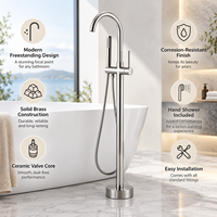 Robinet de baignoire monocommande au design moderne, à poser au sol, en laiton poli finition noire, avec cartouche céramique et jet doux