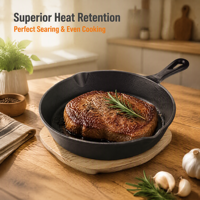 Ensemble de 3 poêles en fonte avec dessous de plat en bois, poêles empilables pour la cuisine, la cuisson, le service et l'utilisation sur la table, sans revêtement