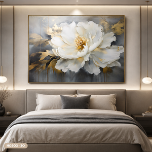 Peinture sur soie de luxe, fleur de pivoine, art mural, décoration intérieure, tissu en soie fait main, design or et blanc, Vietnam OEM ODM, modèle H0302-30 - Product Image 3