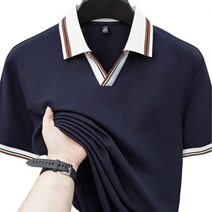 Men's Navy Blue Short Sleeve for Shirt Knitted Cotton Casual Solid Color Breathable V-Neck Design Digital Printed Front Logo - Product Image 1