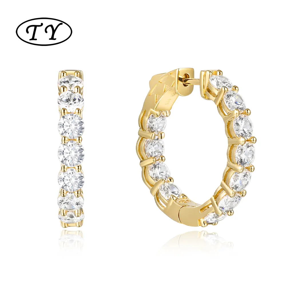 TY Jewelry 925 Sterling Silver Zirconia Zircon claw set Two Side 14k Gold Woman Fashion Simple Pave Diamond Hoop Huggie Earring