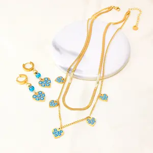 Hot Sales Heart-shaped Turkish Eyes Necklace Earring Sets Titanium Stainless Steel Enamel Necklace