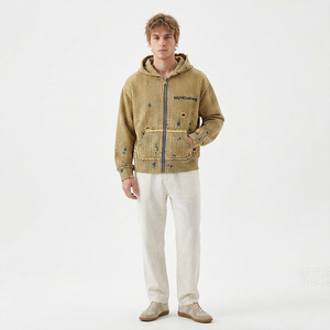 2026 Lightweight <b>Men's</b> Vintage Distressed Striped Zip-Up Hoodie Breathable Acid Wash Ripped Spring Summer Streetwear Jacket - Product Image 1