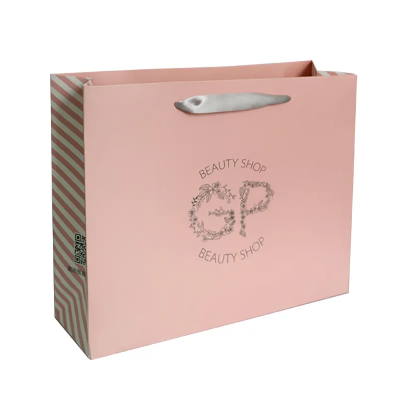 Kartonnen Roze Papieren Zak Privé Bedrukt Logo Boodschappenpapieren Tassen Luxe Kledingverpakking Cadeau Draagtas Met Lint