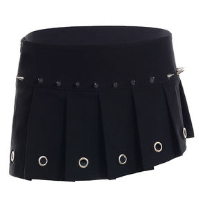 Gothic Punk Dropped <b>Black</b> <b>Pleated</b> A-Line <b>Mini</b> <b>Skirt</b> with Built-in Shorts and Metal Eyelet Rivets Summer - Product Image 6