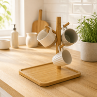 Support en bambou naturel pour tasses avec plateau et 3 crochets, organisateur de comptoir de cuisine, personnalisable OEM, vente en gros