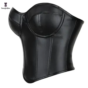 Plus Size Bras For Big Women Backless Seamless Synthetic Leather Corset Bustier Crop Top With Lacing Ribbon Bandage
