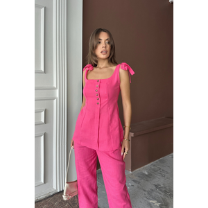 Chaleco de Lino Talla XS Shantuk, Conjunto de Blusa Casual con Tirantes y Pantalones para Mujer en Tejido de Punto Sólido Color Fucsia, Top Corto - Product Image 2