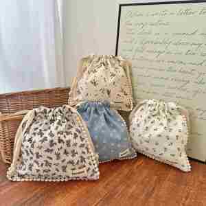 Eco-friendly Floral Drawstring Cosmetic Bag Dust Prevention Cotton Fabric Bundle Pocket Storage Bags with Lace Gift Pouch - Product Image 1