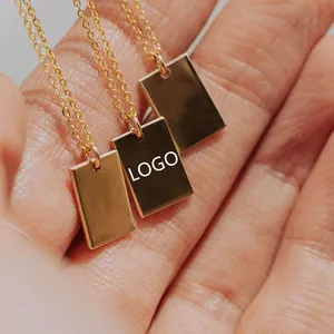 PVD 18K Gold Plated 316L Stainless Steel Jewelry Rectangle Pendant Personalized Engraved Letter Logo Design Customize Necklace