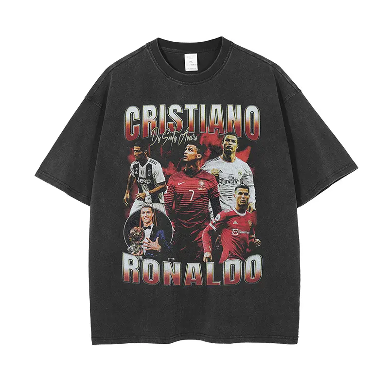 Cristiano Ronaldo High Quality and Low MOQ 100% Cotton T-Shirt DTG Printing Men's 250GSM Washed T Shirt