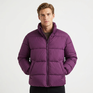 Blouson matelassé violet pour homme, fermeture éclair, coupe-vent, décontracté, hiver, col montant, coupe régulière, couleur unie, extérieur en polyester - Product Image 1