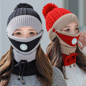 Winter Knitted Hat <b>Scarf</b> Set Red Gray <b>Wool</b> Warm Three Piece Adult Fashion - Product Image 3