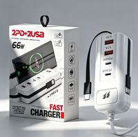 Support de charge super rapide 66W avec 2 ports Type C + 2 ports USB, câble Type-C intégré, concentrateur de charge USB-C 66W, prise de charge pour téléphone portable