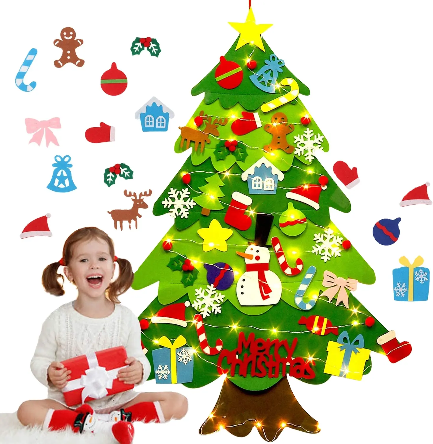 DIY Wall Hanging Xmas Tree with 32 pcs Ornaments LEDs String Lights Christmas Decoration for Children