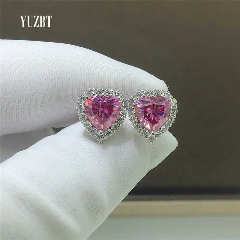 Silver 925 Original Total 2 ct Brilliant Cut Diamond Test Past Heart Shape Pink Moissanite Party Stud Earrings Gemstone Jewelry