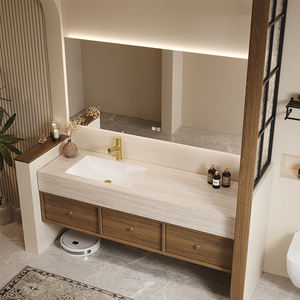 Meuble-lavabo mural de luxe Wabi Sabi avec dessus en travertin naturel, tiroirs en <span class=keywords><strong>bois</strong></span> massif et armoire miroir LED pour hôtel et villa - Product Image 3