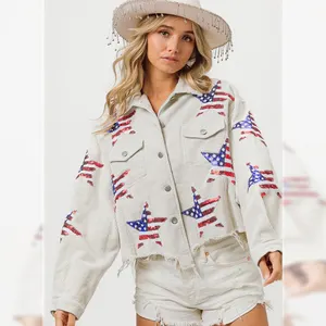 Lovedagear Custom America Star Sequin Embroidery Patch Corduroy Independence Day Cropped Jacket For Women Wash Fringe Shacket