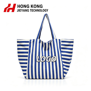 Sac fourre-tout en toile de coton durable à double face avec logo personnalisé pour femmes, rayé, grande capacité, sac à bandoulière décontracté pour le shopping - Product Image 1
