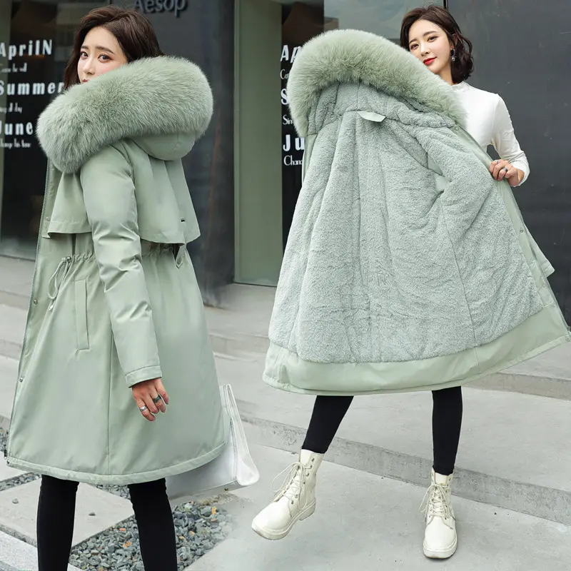 New Design Fashion Women Long Style Padded Coat Wear Hooded Fluffy Fur Collar Wadded Warm Solid Color Outwear Casual Coat