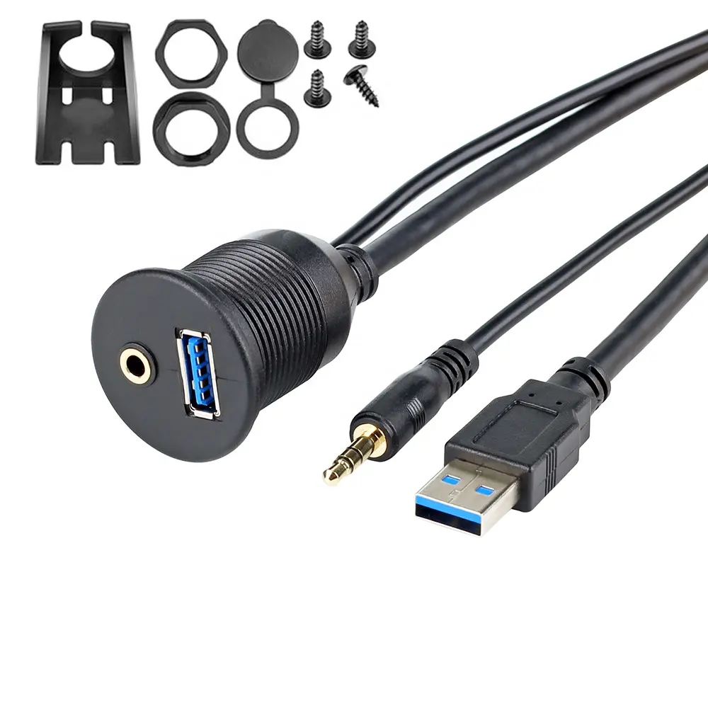 Aksesori Mobil Stereo USB AUX Panel Flush Mount soket aksesori Audio mobil USB 3.5mm kabel ekstensi