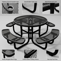 Table de pique-nique ronde noire de 78 pouces pour l'extérieur avec chaises, ensemble robuste pour jardin/terrasse/camping avec bancs, en métal expansé