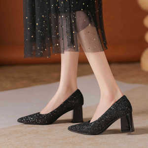 Escarpins à paillettes 6555E à bout pointu et talon carré, chaussures de mariée et de soirée - Product Image 2