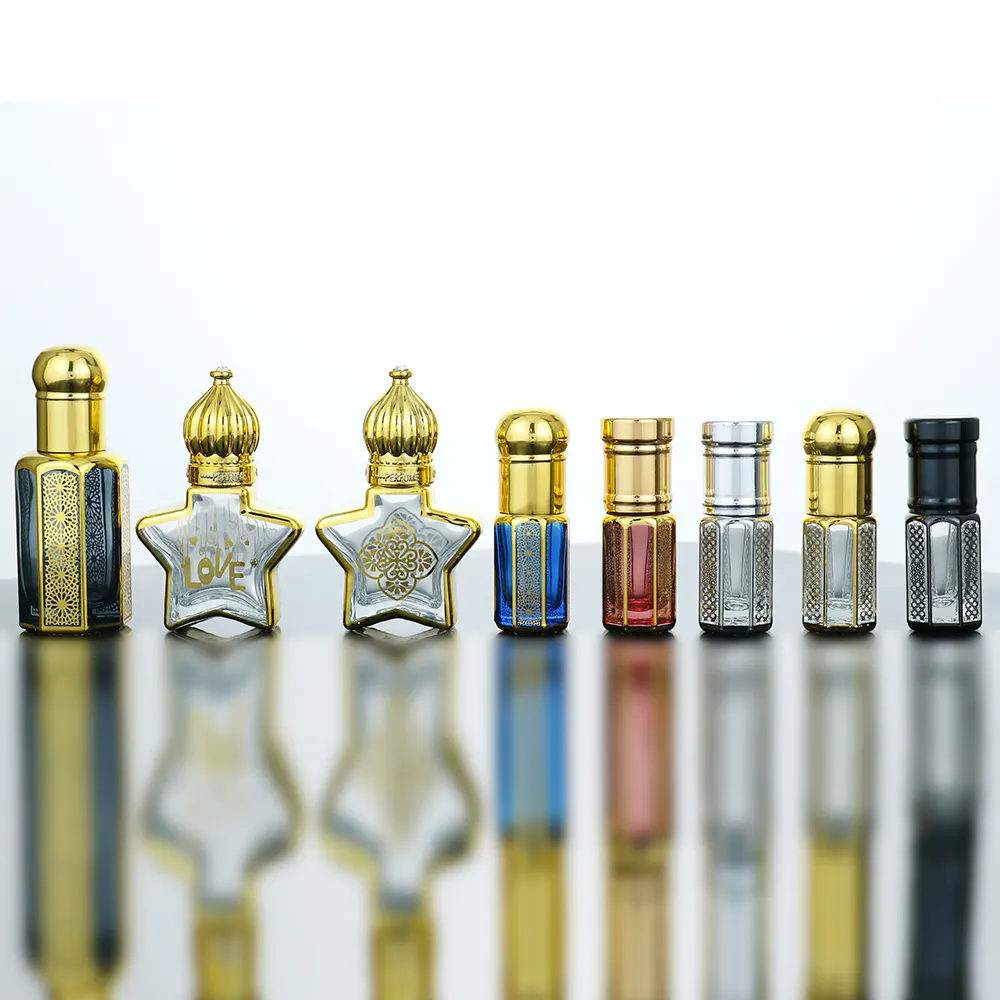 Luxury Arabic Glass Fancy 3 ml 6 ml Empty Crystal Octagon Essential Perfume Oil Roll On Oud Attar Bottles