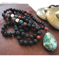 MN21223 Collier diffuseur d'huiles essentielles en pierre de lave et turquoise, 108 perles de prière Mala nouées à la main, bijoux tibétains pour le chakra Racine