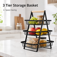 Étagère de rangement de cuisine à 3 niveaux en fer durable et peu encombrante avec poignée en bois pour un rangement alimentaire organisé