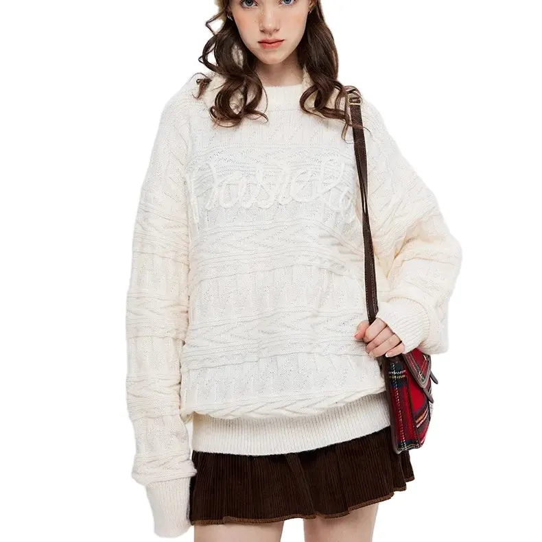 New arrival autumn solid pullover oversize sweater jacquard long sleeve o-neck loose sweater for women