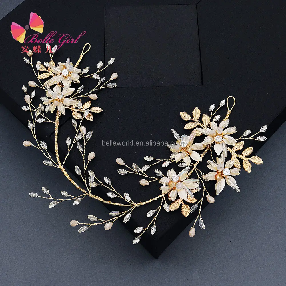 BELLEWORLD Wedding bridal hair accessories handmade gold leaf headband shiny rhinestone champagne flower headpiece for bride
