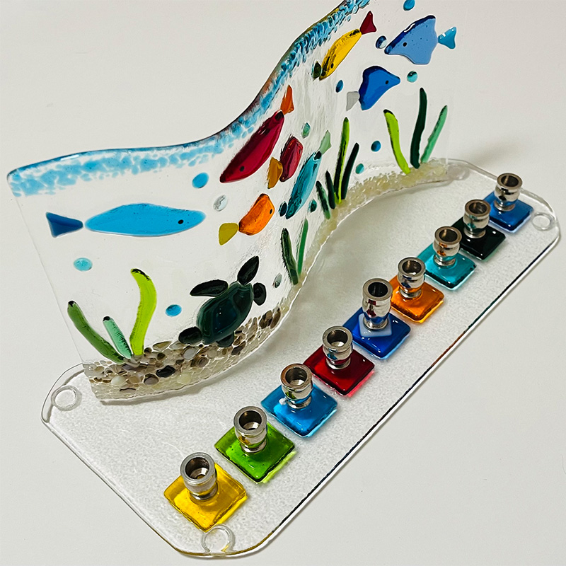 Ménorah En Verre Bleu Et Vert – Judaica – Décoration De Hanoukka – 12 Pouces