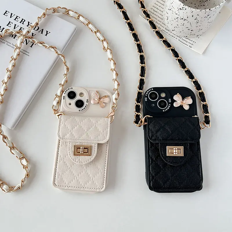 Luxury Card Slot Holder Wallet Crossbody Phone Case For iphones 15 pro max 14 13 12 11 XR 7 8 Plus With Lanyard Neck Cord Chain