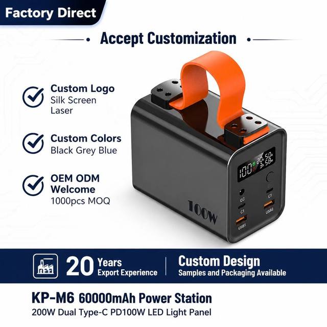 Portable DC Type-C PD100W USB-A 22.5W Power Bank 60000mAh LED SOS Lamp for Outdoor Traveling Camping