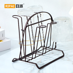 Ripai Wrought Iron Cup Holder Triple Glass Storage <b>Rack</b> Space Saving Design For <b>Kitchen</b> countertop - Product Image 1