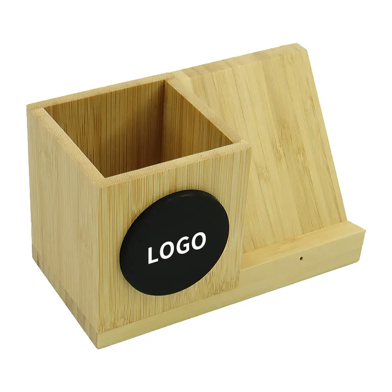 LED Logo 15W Qi Universal Bamboo Office Desk Organizer Pen Holder Wireless Charger For Phone