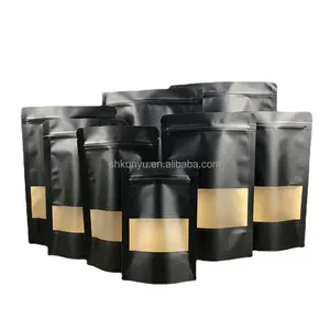 Bolsa de papel Kraft Ziplock negra mate con ventana transparente para aperitivos y café, bolsas de papel para alimentos