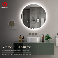 Miroir de salle de bain rond moderne, populaire, de haute qualité, avec couvercle en acrylique, argenté, sans cuivre, écologique, à LED dimmable, interrupteur tactile, IP44