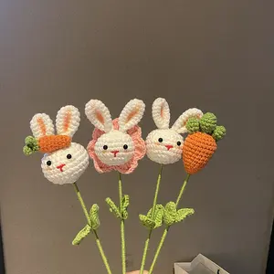 Flores de coelho feitas à mão de crochê, buquê de flores de sol de desenho animado para crianças, decoração de quarto infantil, animais de malha